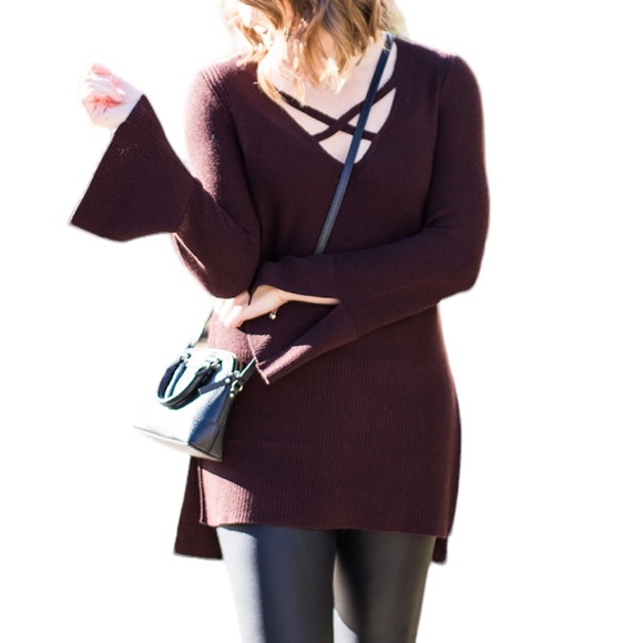 Free People Criss-Cross Tunic Sweater in Brown Wine Size Small - Picture 3 of 15